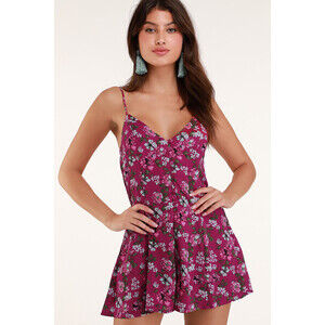 Lulus Always Abloom Magenta Floral Print Button Front Swing Romper Pink